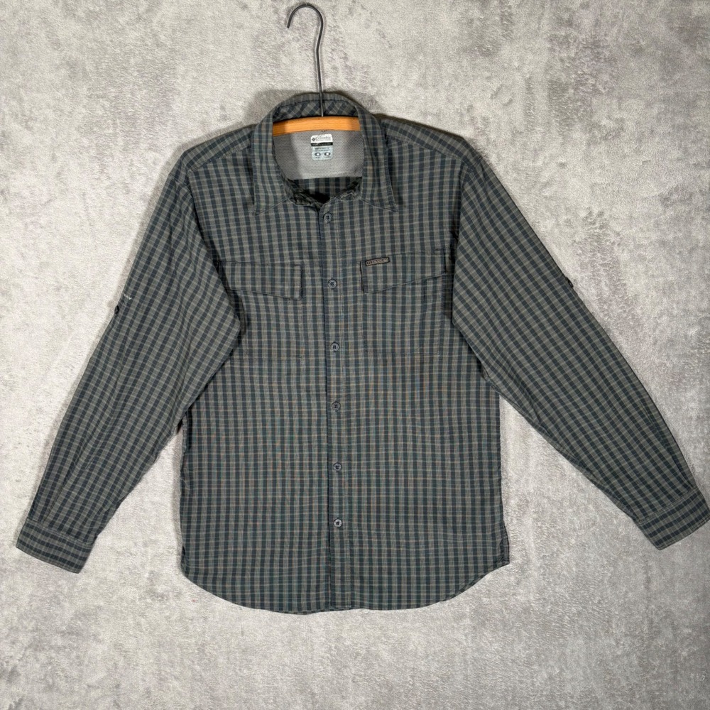 Columbia Titanium Mens Medium Gray Plaid Long Sleeve Hiking Shirt Vented Hiking